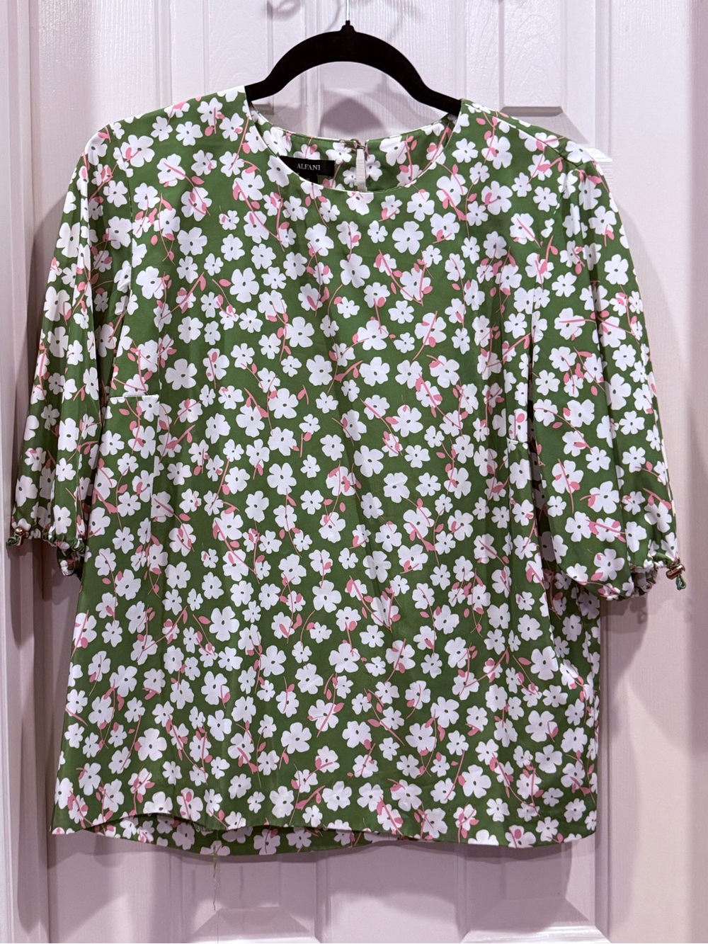 Alfani Olive Green Floral Puff-Sleeve Blouse